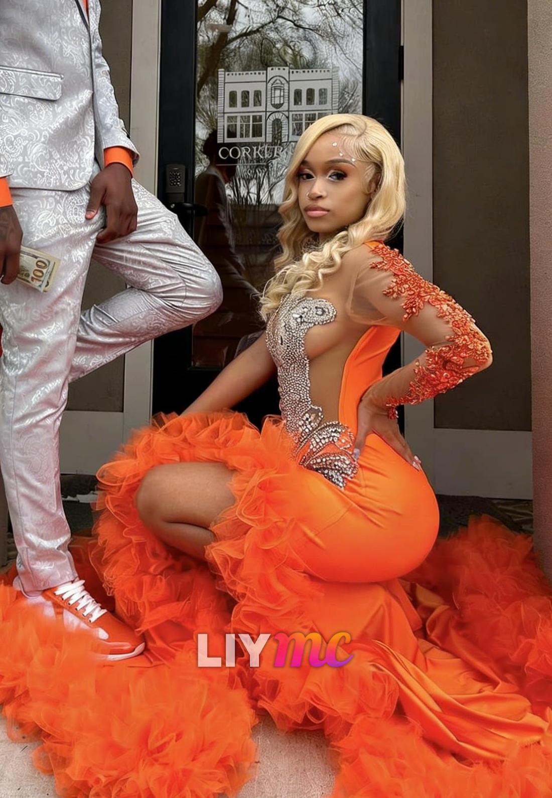 Gorgeous Long Orange Mermaid Long Sleeve Lace Prom Dress with Slit