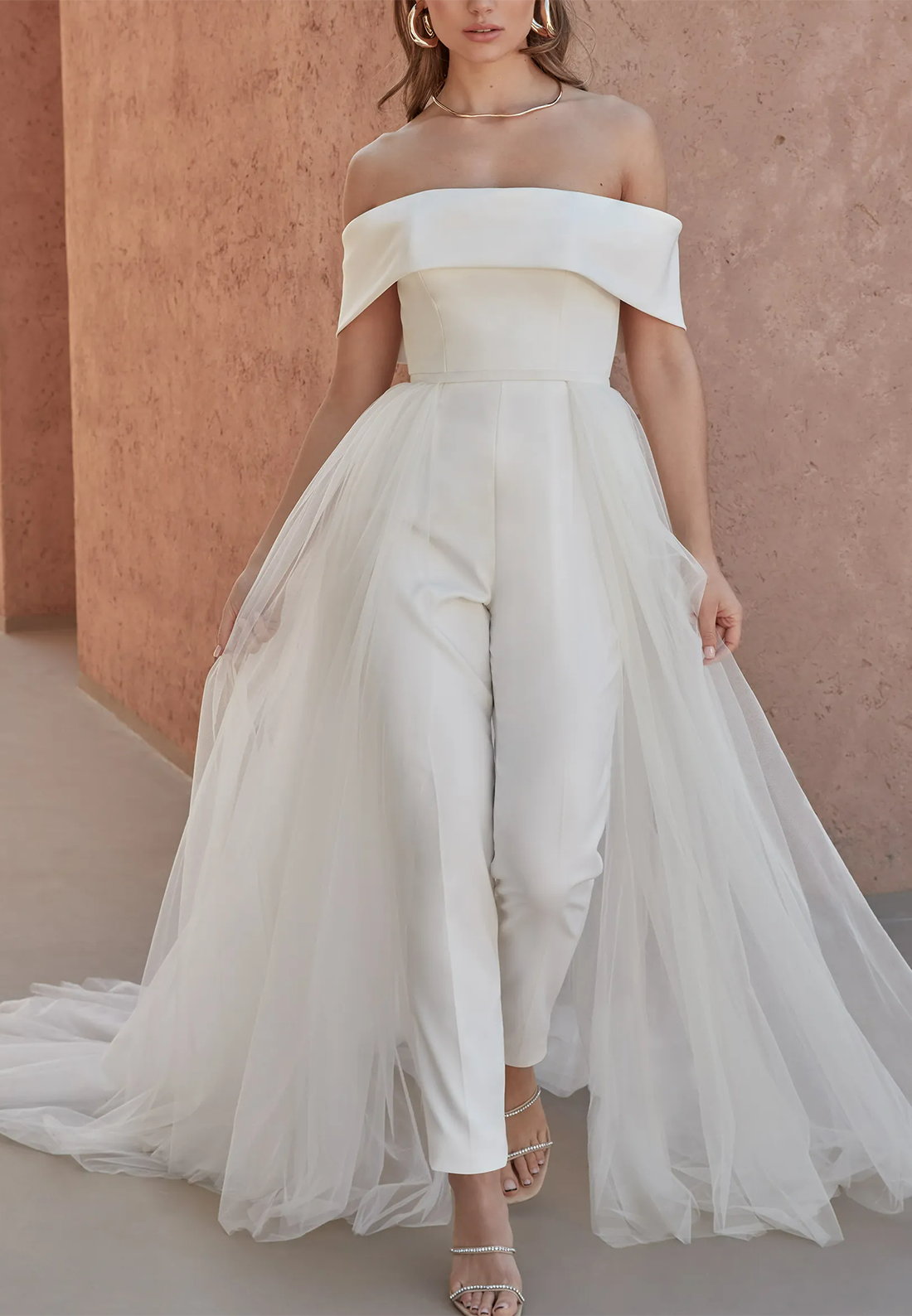 Off-Shoulder Jumpsuit Satin Tulle Wedding Dress
