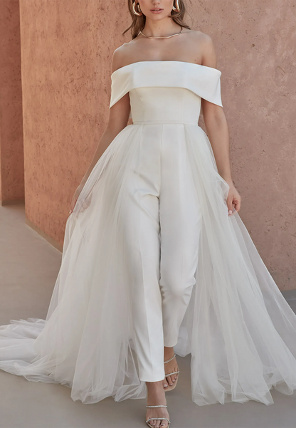Off-Shoulder Jumpsuit Satin Tulle Wedding Dress