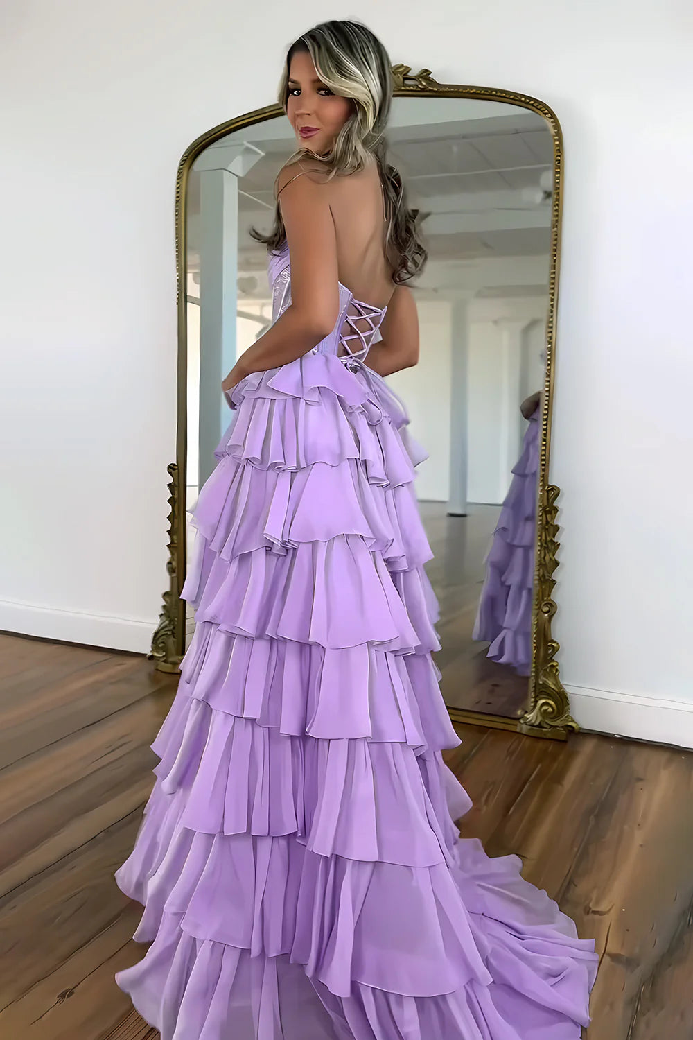 Gorgeous A Line Strapless Daffodial Tiered Chiffon Prom Evening Dresses with Hot Stone