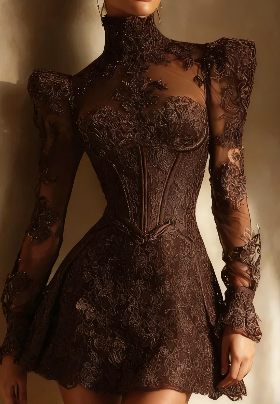 High Neck Long Sleeves Lace Appliques A-Line Short Party Dress