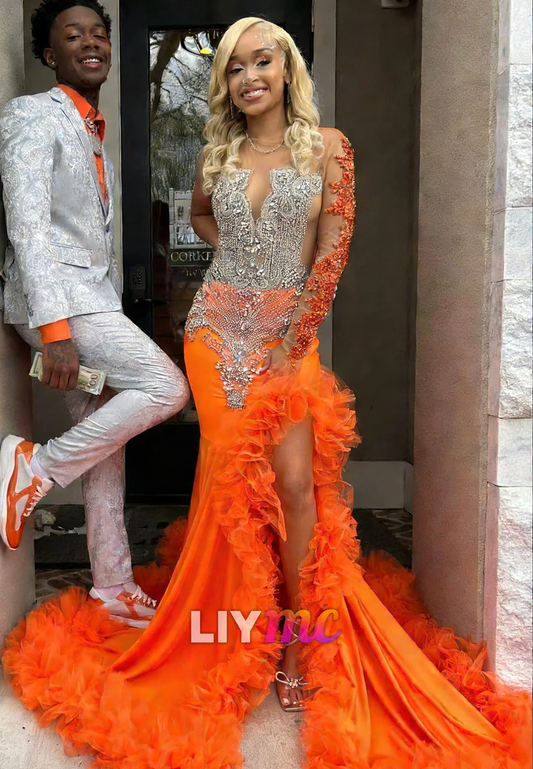 Gorgeous Long Orange Mermaid Long Sleeve Lace Prom Dress with Slit