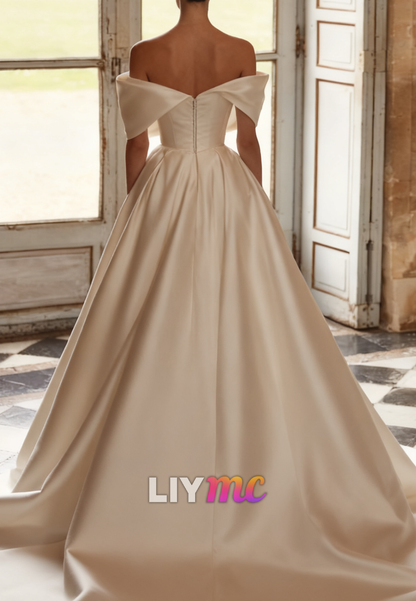 Off-Shoulder Satin Sleeveless A-Line Elegent Wedding Dress