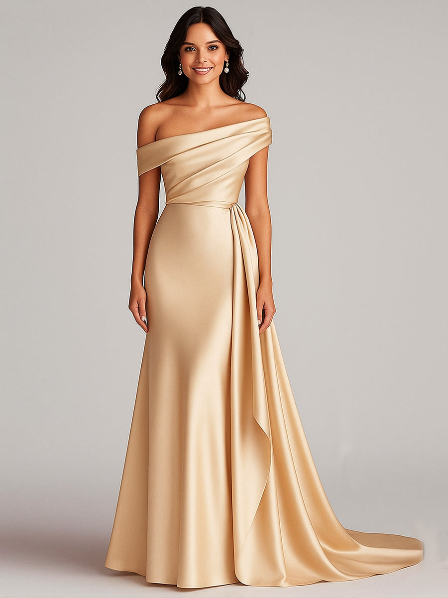 Off Shoulder Satin Mermaid Sweep Train Formal Dress with Cape