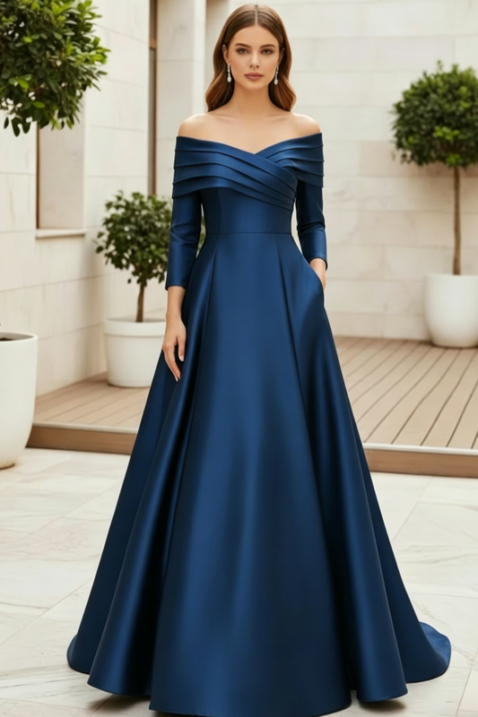 A-Line Off-The-Shoulder Long Sleeves Floor-Length Satin Mother Of The Bride Dresses