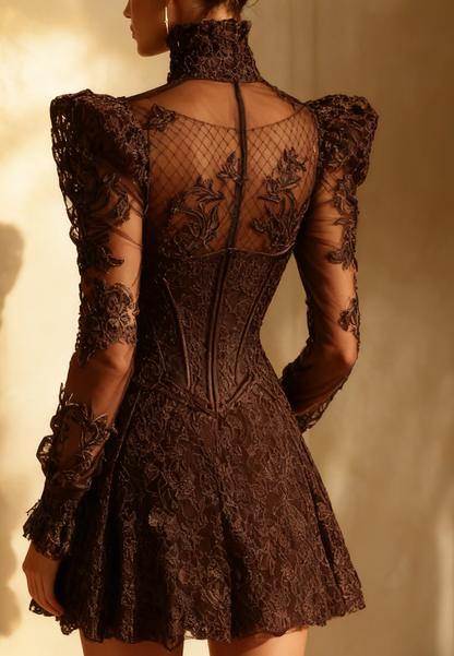 High Neck Long Sleeves Lace Appliques A-Line Short Party Dress