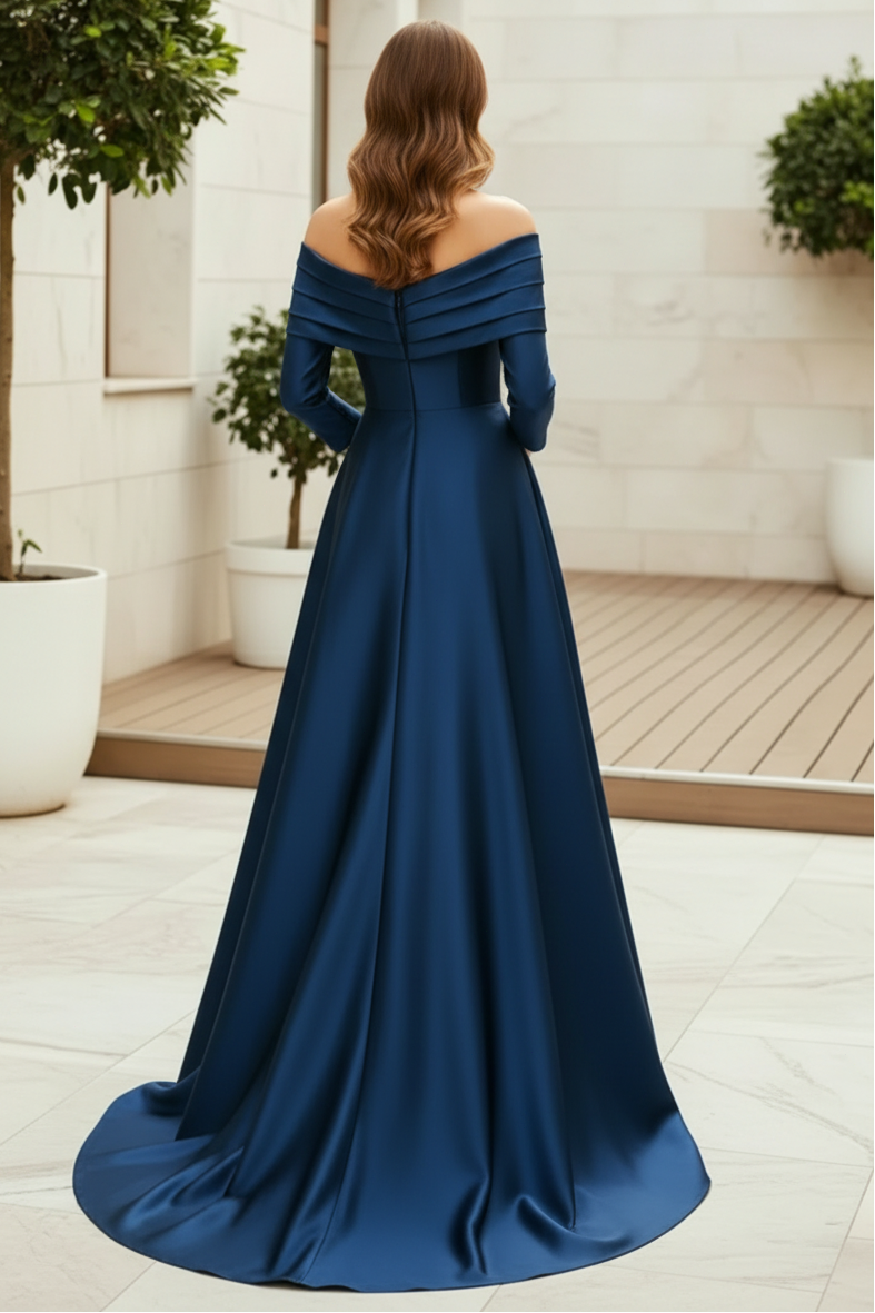 A-Line Off-The-Shoulder Long Sleeves Floor-Length Satin Mother Of The Bride Dresses