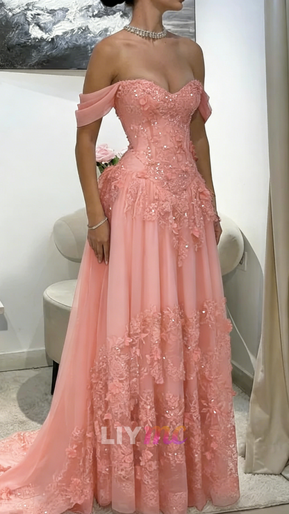 Off-Shoulder Appliques Tulle A-Line Corset Prom Dress
