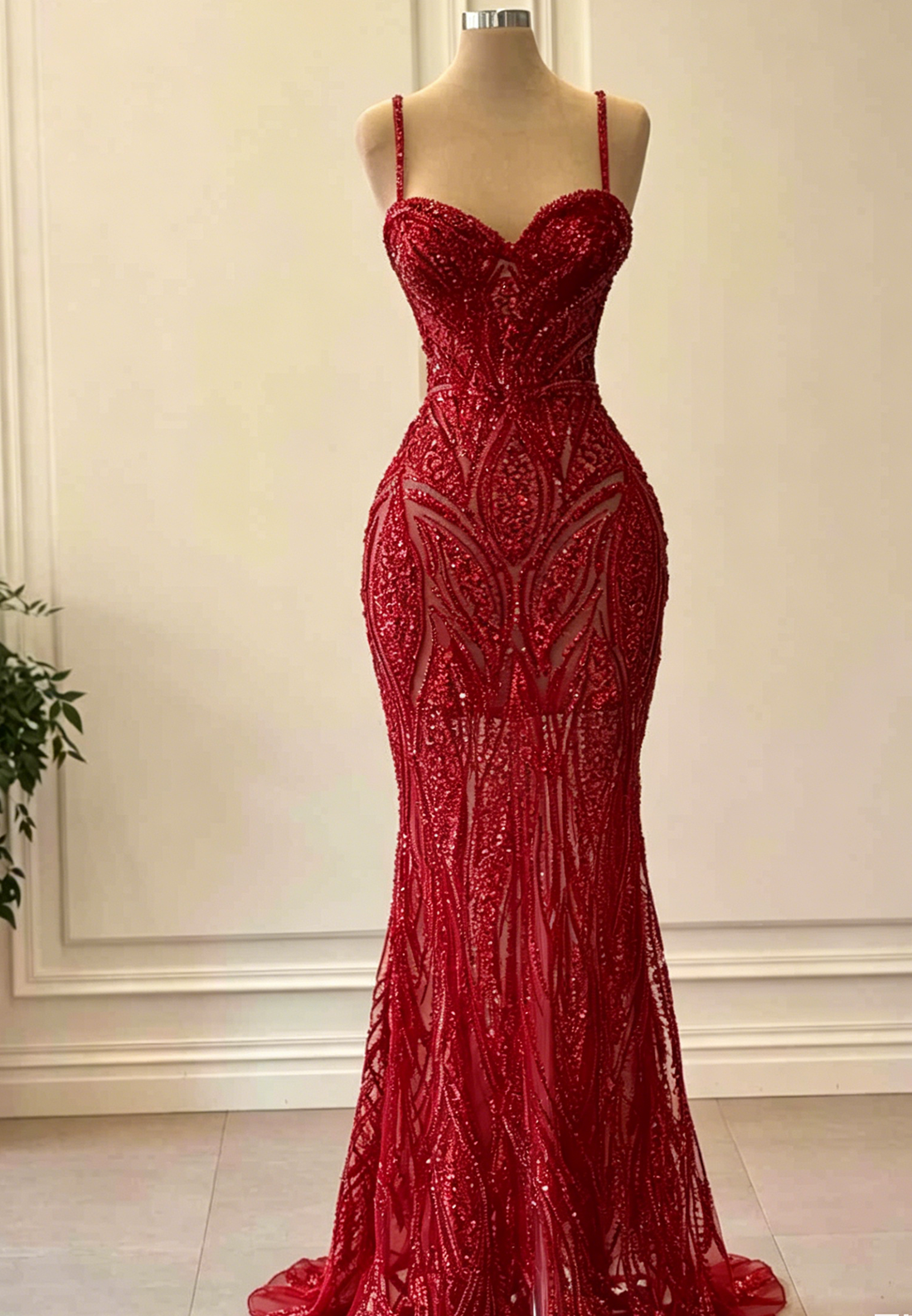 LP1829 - Semi-Sweetheart Straps Appliques Beaded Sheath Mermid Prom Dress