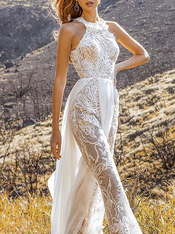 Stylish Round-Neck See-Through Lace Empire Wide Leg Pants Jumpsuit