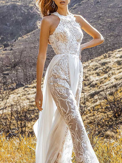 Stylish Round-Neck See-Through Lace Empire Wide Leg Pants Jumpsuit