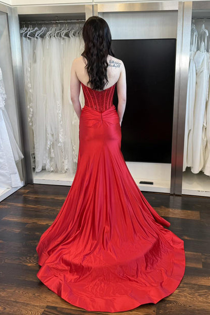Mermaid Sweetheart Red Satin Prom Dress with Hot Stone