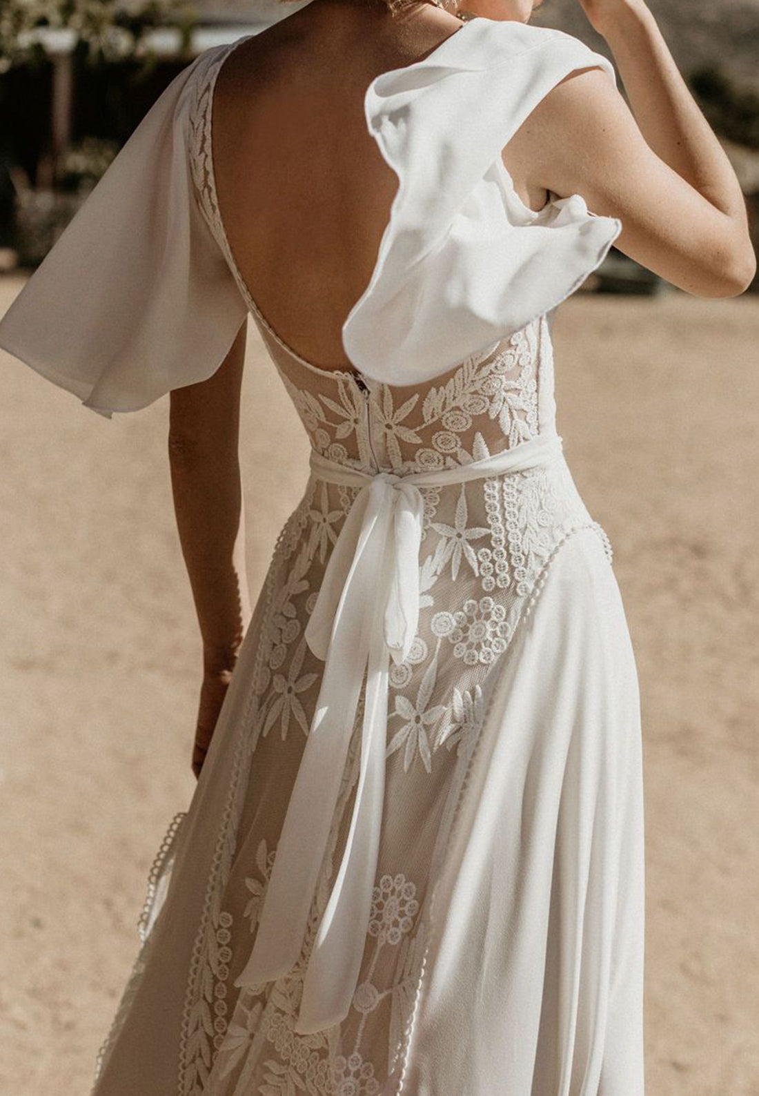 V-Neck Sleeves Chiffon Appliques A-Line Boho Wedding Dress