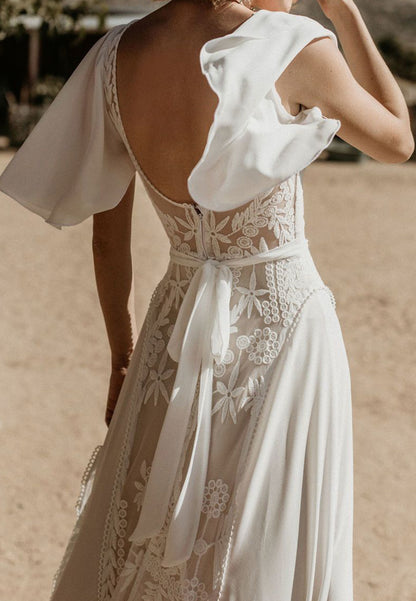 V-Neck Sleeves Chiffon Appliques A-Line Boho Wedding Dress
