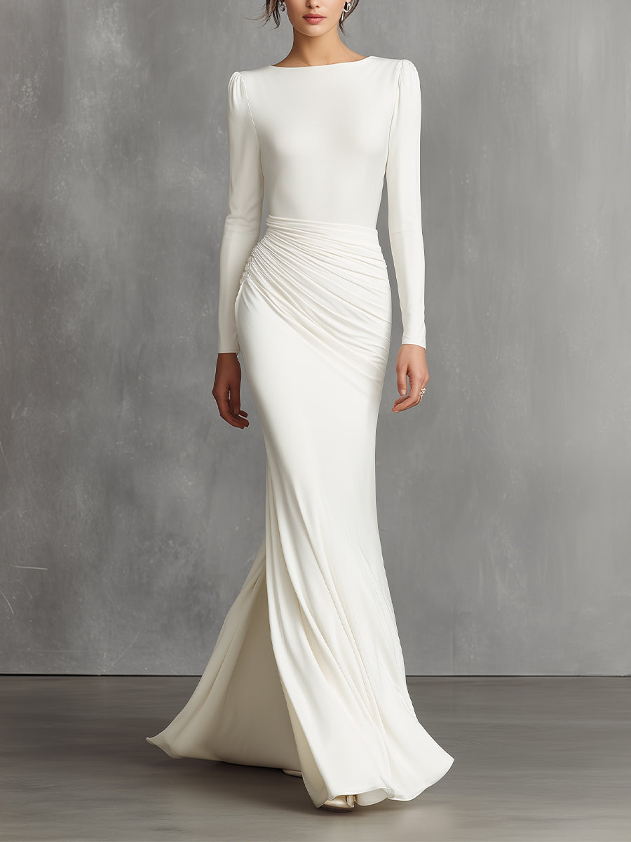 Women's White Elegant Satin Ruched Mermaid Maxi Dress