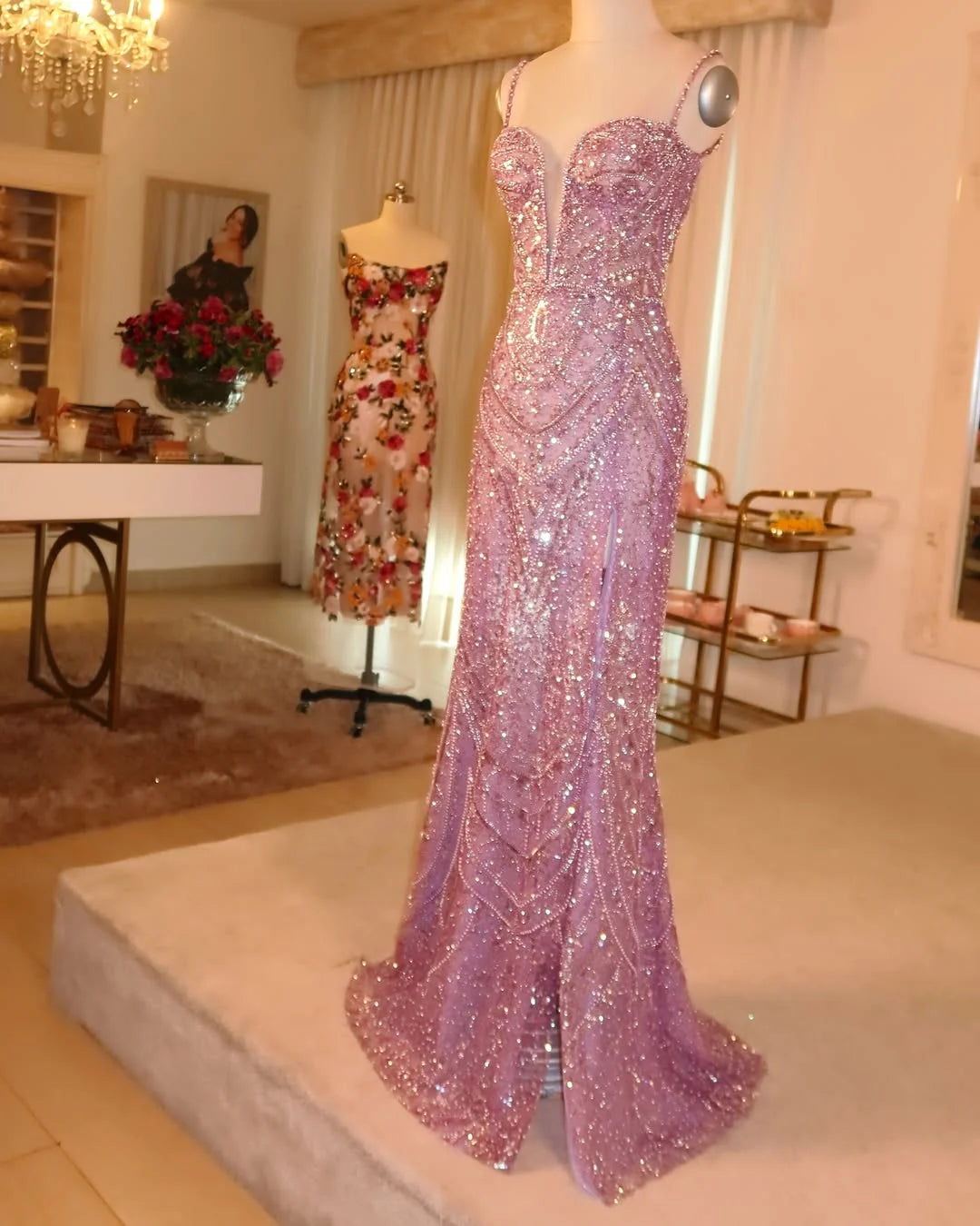 Dreamy Light Purple Spaghetti-Straps Beadings Sleeveless Split Prom Dress YK0130