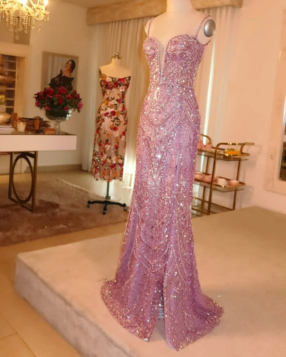 Dreamy Light Purple Spaghetti-Straps Beadings Sleeveless Split Prom Dress YK0130