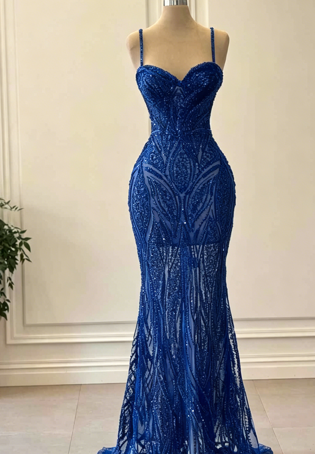 LP1829 - Semi-Sweetheart Straps Appliques Beaded Sheath Mermid Prom Dress