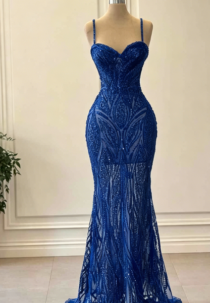 LP1829 - Semi-Sweetheart Straps Appliques Beaded Sheath Mermid Prom Dress