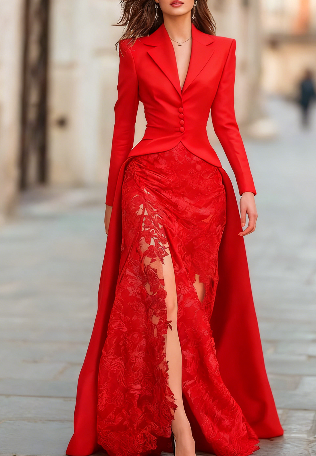 Elegant Tailored Blazer Panel Lace Gown Set