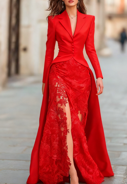Elegant Tailored Blazer Panel Lace Gown Set
