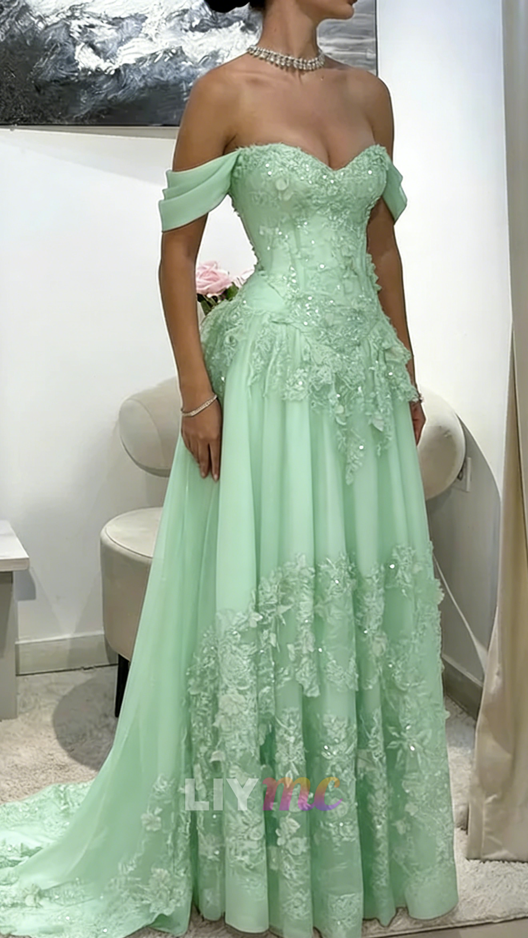 Off-Shoulder Appliques Tulle A-Line Corset Prom Dress