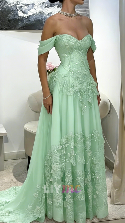 Off-Shoulder Appliques Tulle A-Line Corset Prom Dress