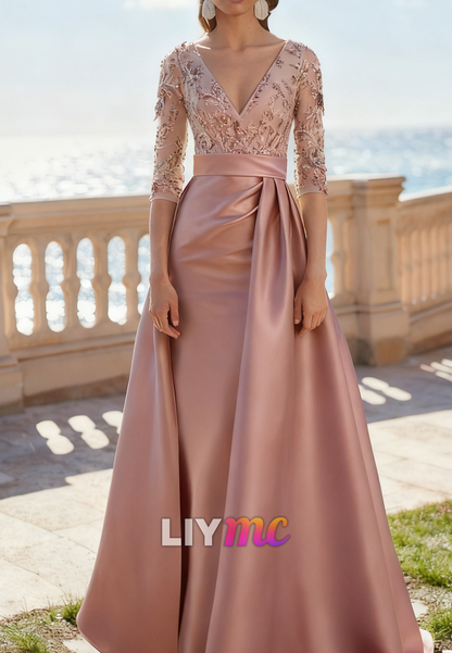 Dusty Pink V-Neck Appliques Sleeves Lined Sheath Satin Mother of Bride Dress