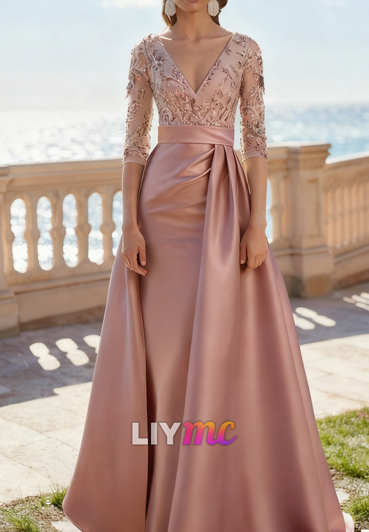 Dusty Pink V-Neck Appliques Sleeves Lined Sheath Satin Mother of Bride Dress