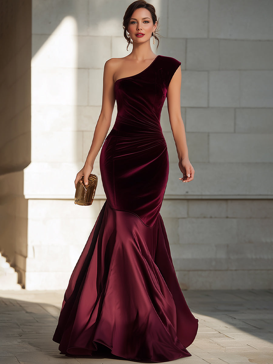 One-Shoulder Velvet Mermaid Evening Gown