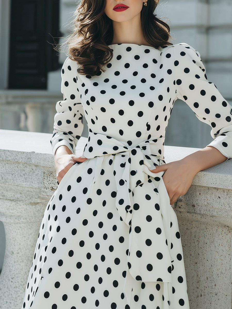 White Polka Dot Midi Dress With Bow Waist Detail