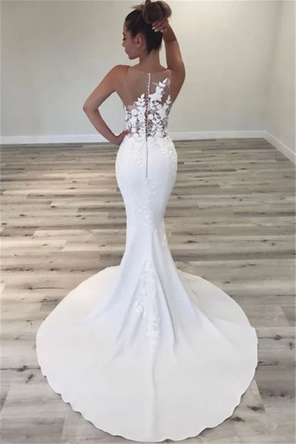 Jewel Sleeveless Long Wedding Dress Mermaid With Lace Appliques