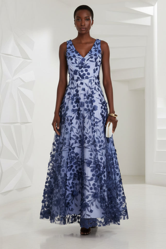 V-Neck Embroidered 3D A-Line Appliqué Gown