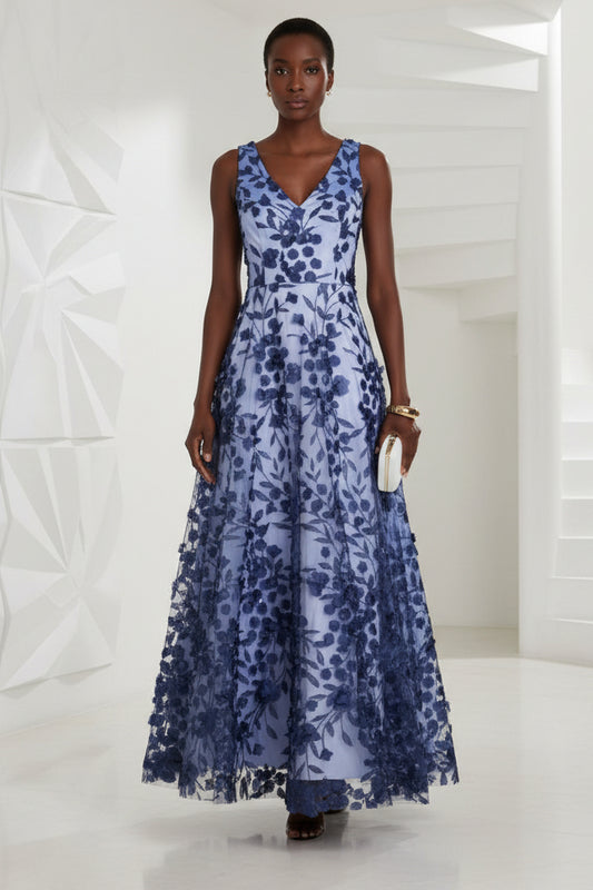V-Neck Embroidered 3D A-Line Appliqué Gown
