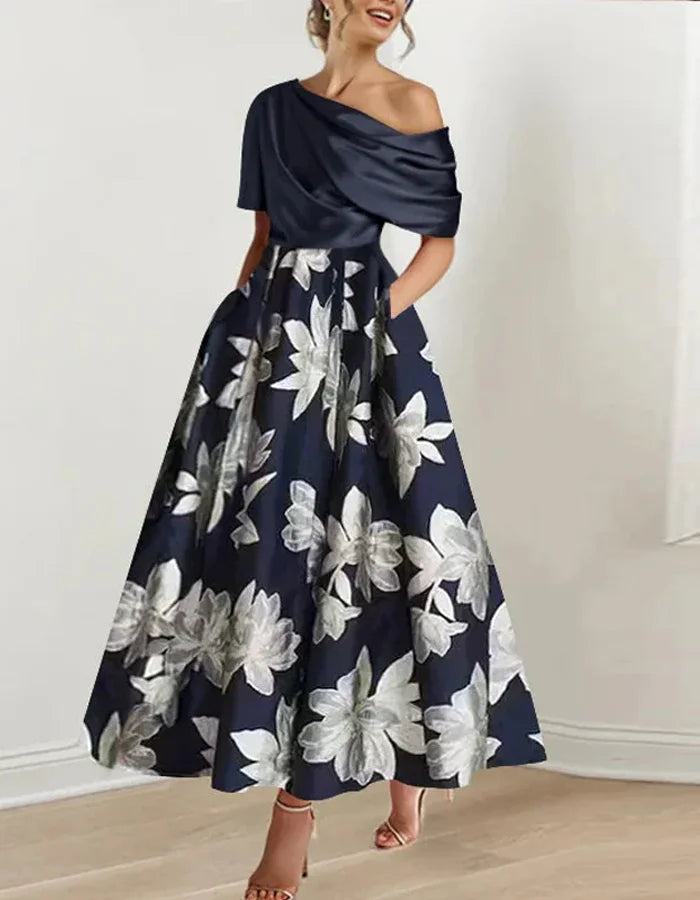 Retro Off-shoulder Solid Color Print Stitching Midi Dress