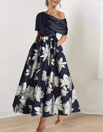 Retro Off-shoulder Solid Color Print Stitching Midi Dress
