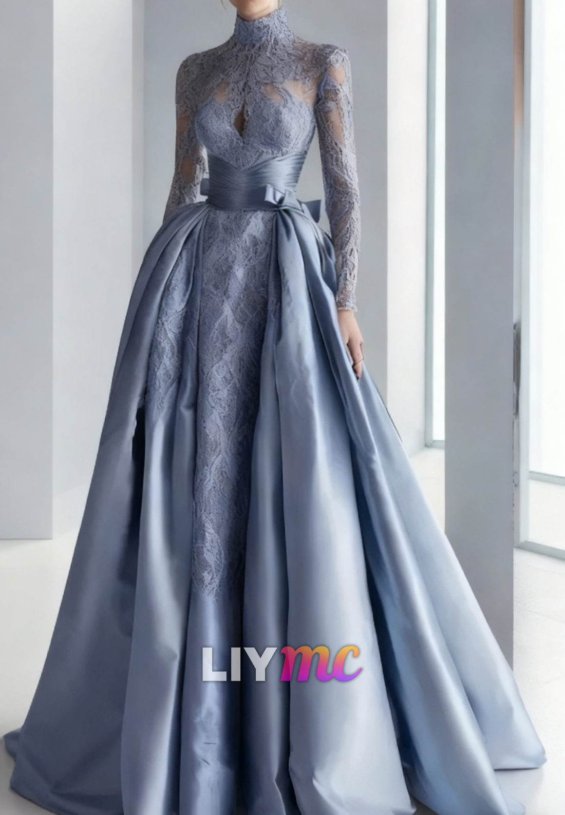 High Neck Lace Appliques A-Line Satin Evening Dress