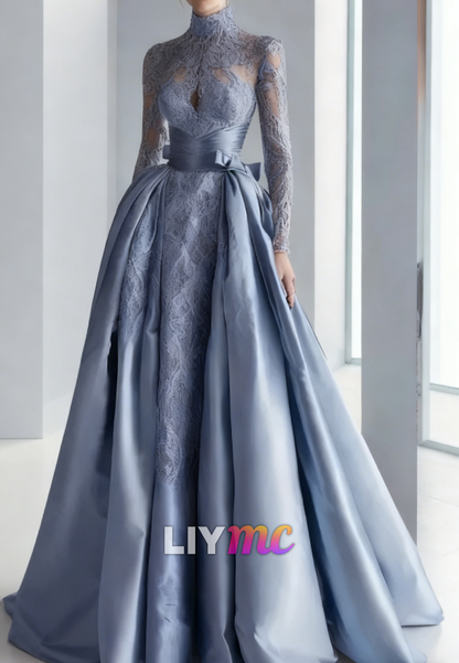 High Neck Lace Appliques A-Line Satin Evening Dress