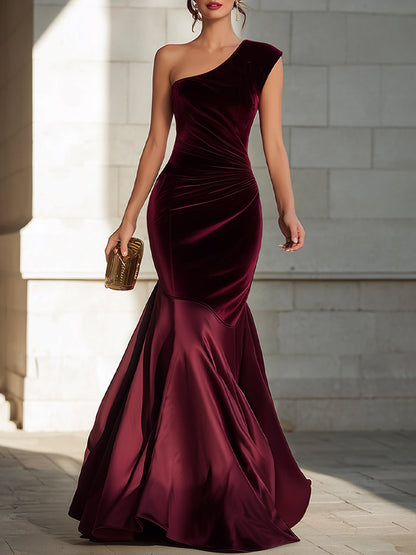 One-Shoulder Velvet Mermaid Evening Gown