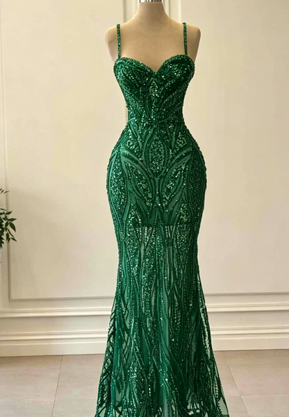 LP1829 - Semi-Sweetheart Straps Appliques Beaded Sheath Mermid Prom Dress