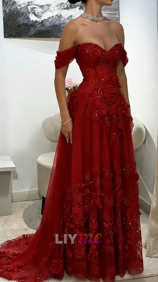 Off-Shoulder Appliques Tulle A-Line Corset Prom Dress