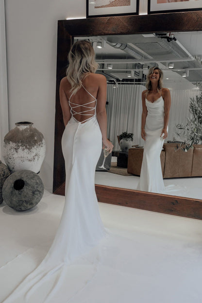 White Mermaid Wedding Dresses,Halter Sain Lace Bridal Wedding Gown