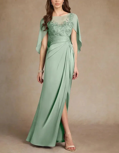 Elegant Eucalyptus Green Cape Sleeve Evening Dress with Lace Details