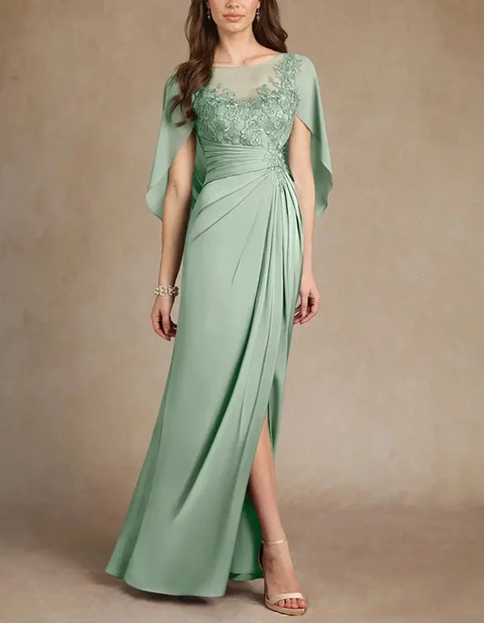Elegant Eucalyptus Green Cape Sleeve Evening Dress with Lace Details