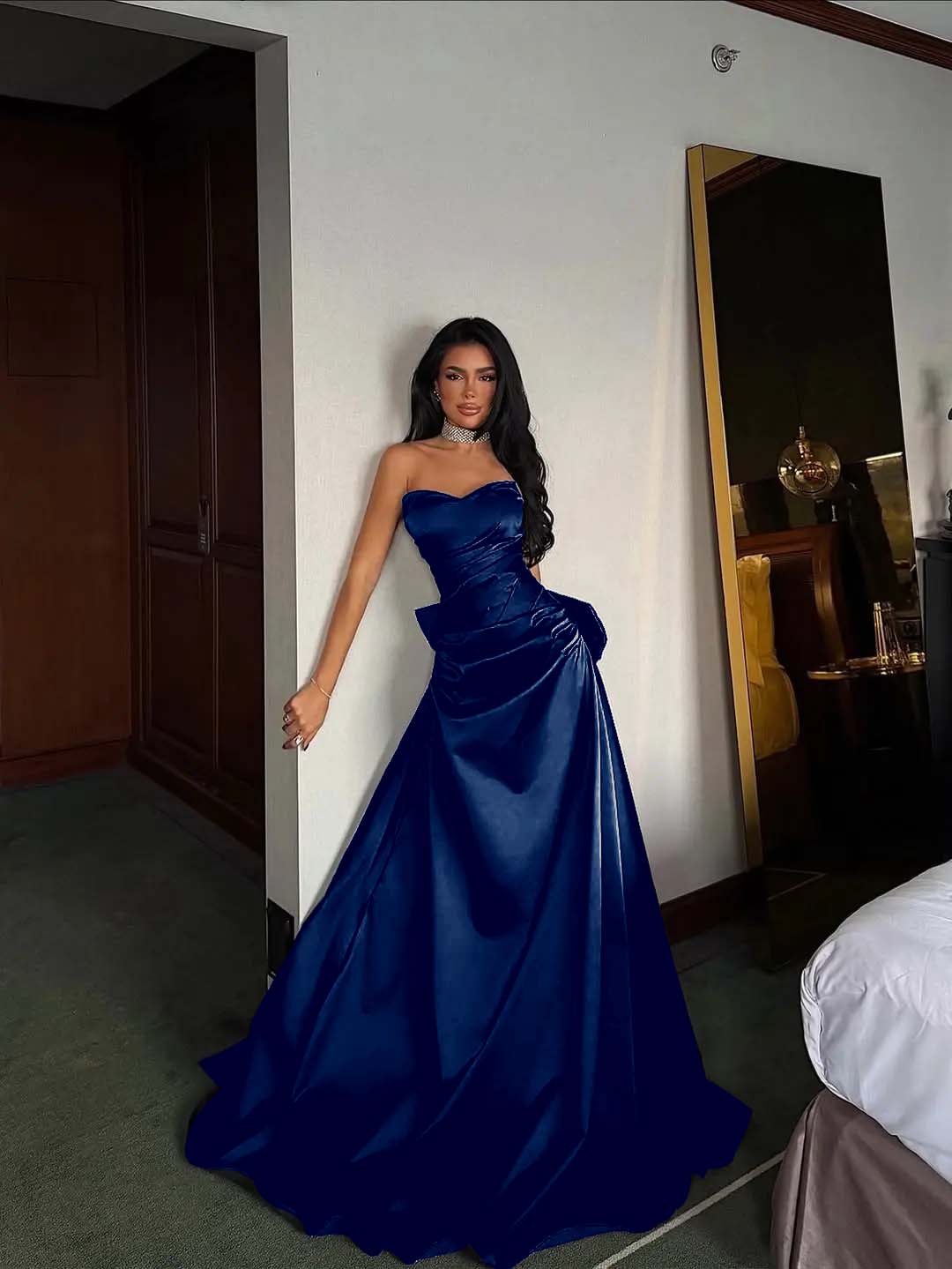 Simple Black Satin Strapless Sleeveless Long A Line Prom Dress With Pleated