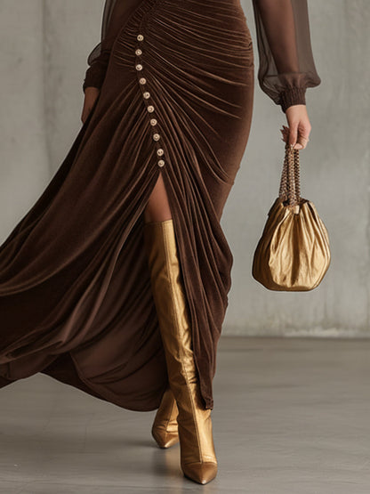 Coffee Velvet Chiffon Long Sleeve Maxi Dress