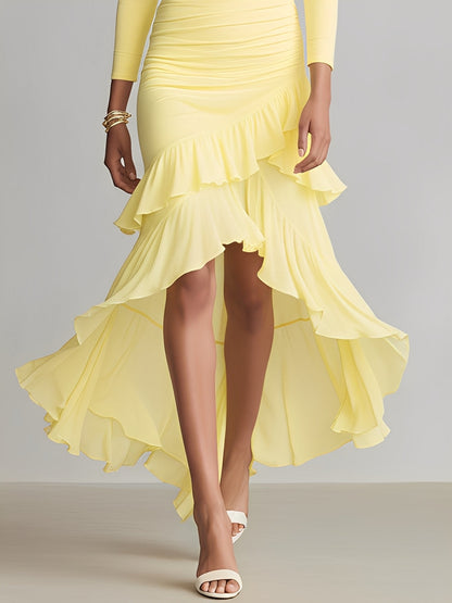 Women's Yellow Flowy Dress With Asymmetric Neckline & Ruffled High-Low Hem, Sophisticated Evening-Cocktail Style Dress