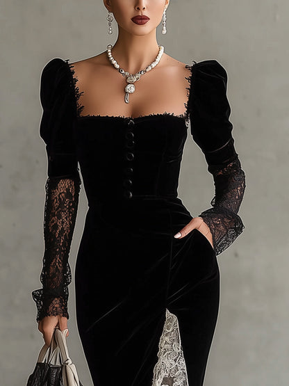 Black Velvet Midi Dress With Lace Sleeves And Contrasting Slit Detail