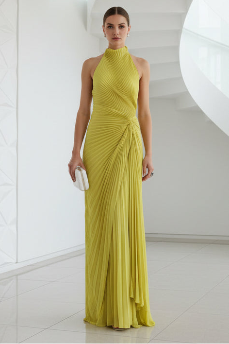 Halter Pleated Sheath Wedding Guest Dress
