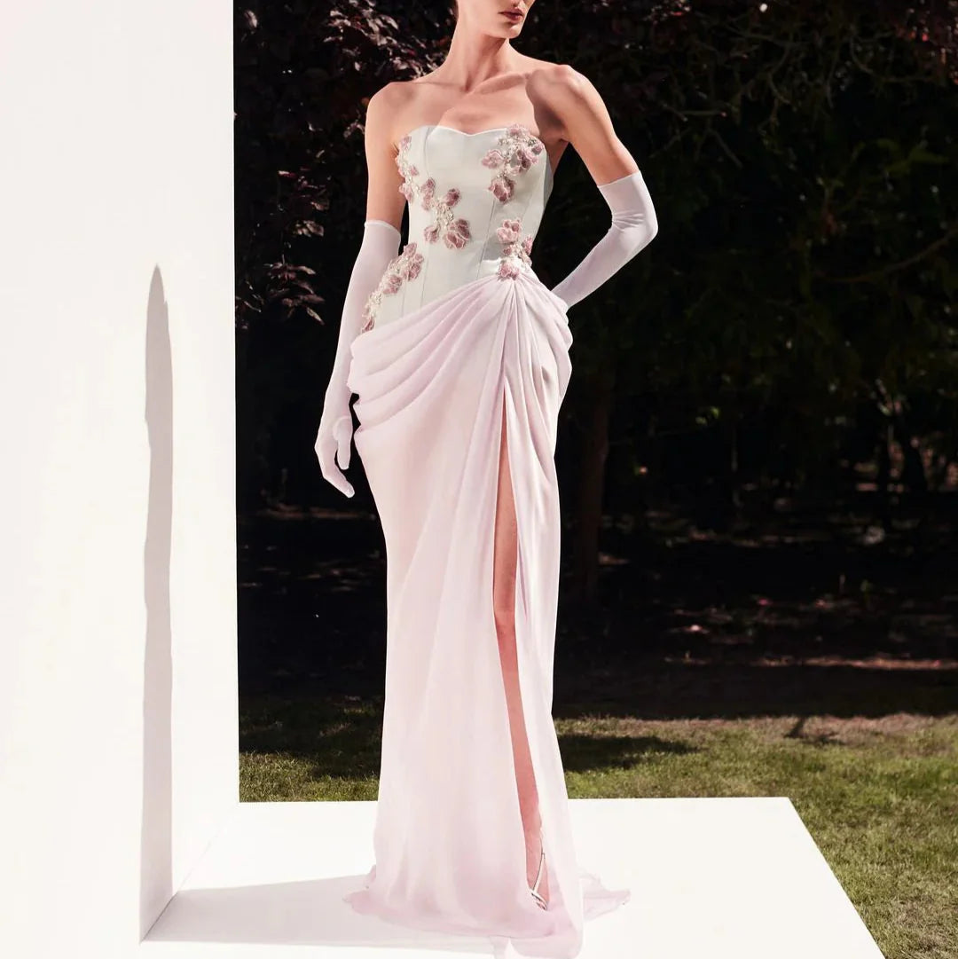 Sweetheart Ruched Floral Embellished Sheath Evening Dress